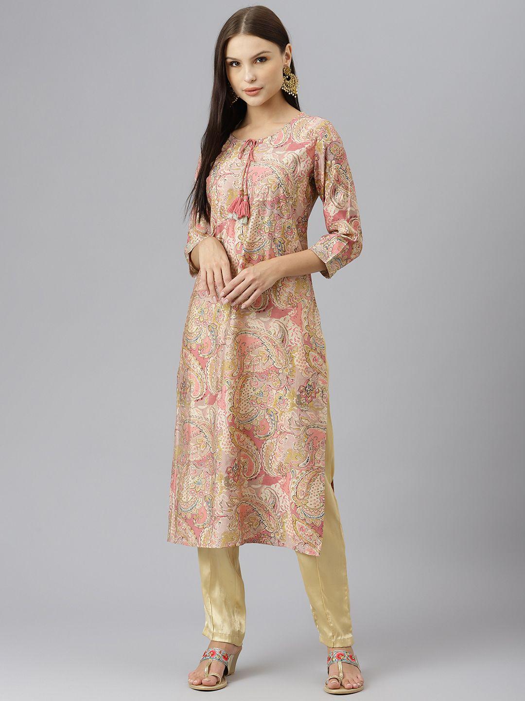 divena women peach-coloured & pink ethnic motifs print kurta