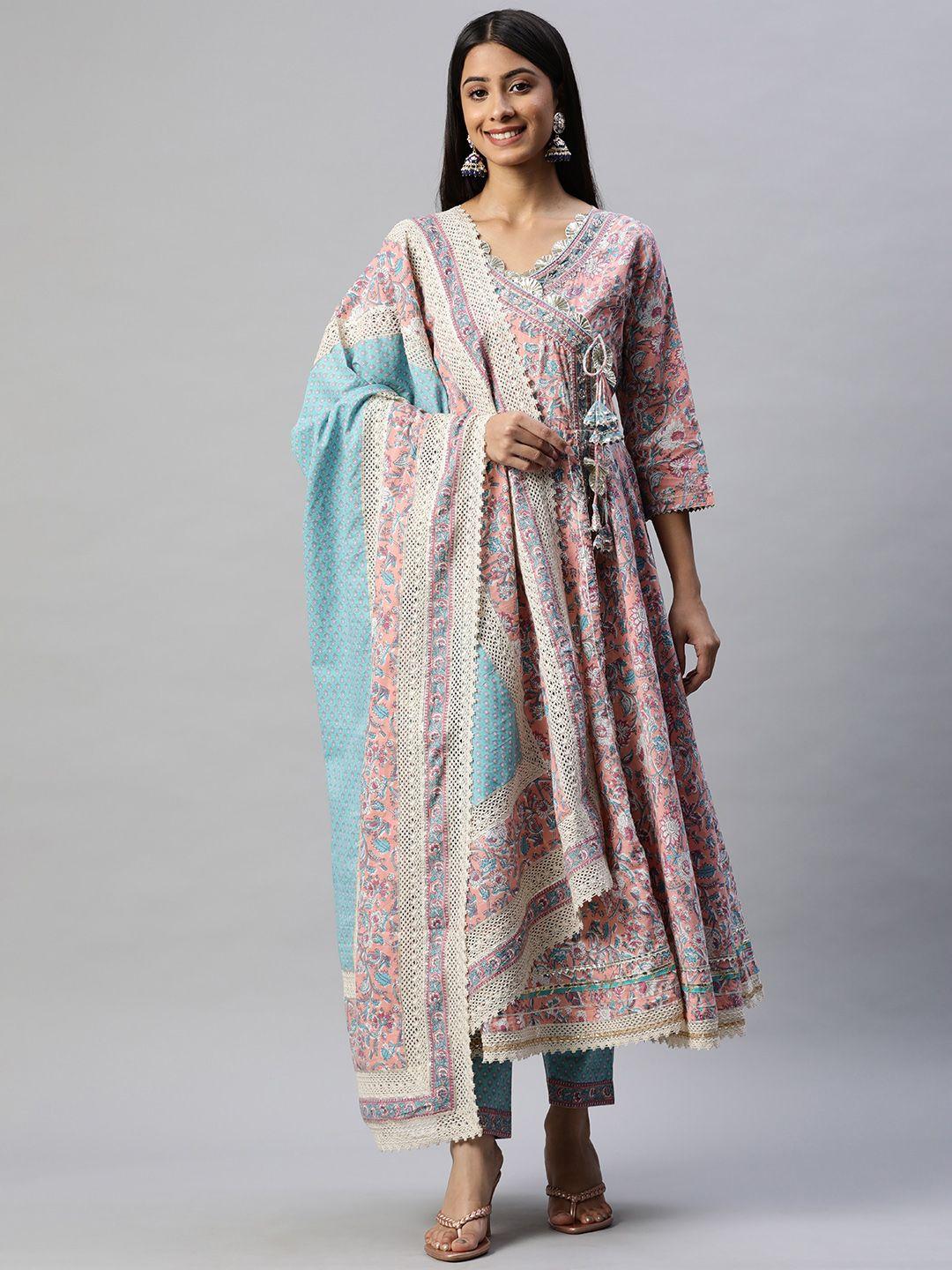 divena women peach-coloured ethnic motifs angrakha cotton kurta & trousers & dupatta