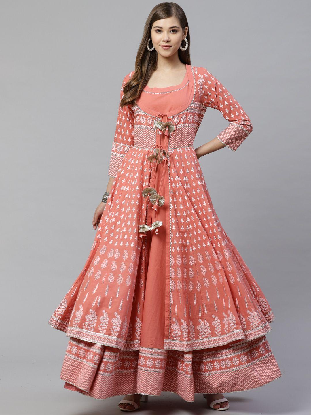 divena women peach-coloured gotta patti printed cotton anarkali with long ethnic jacket