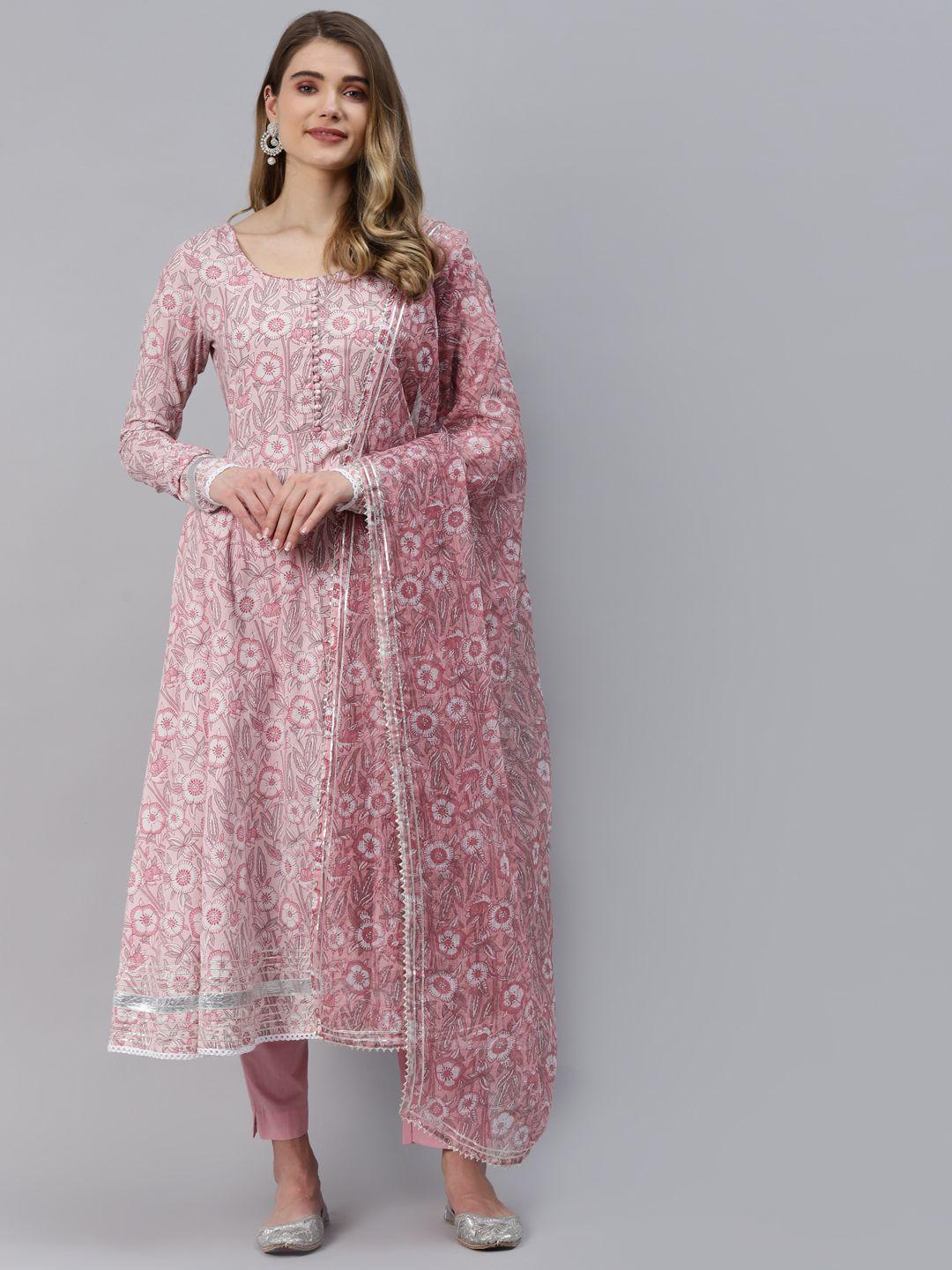 divena women pink  floral printed gotta patti pure cotton anarkali kurta set