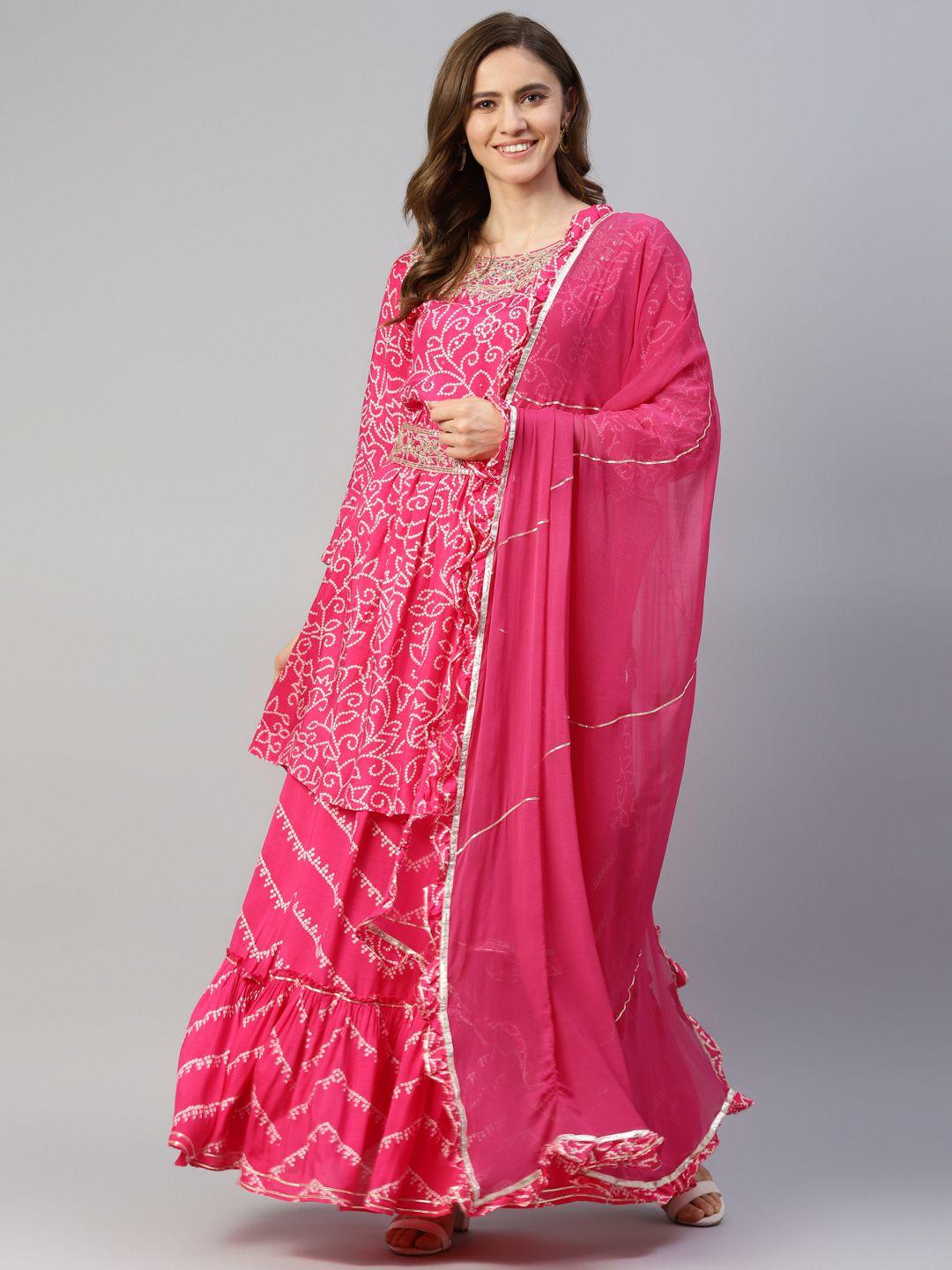 divena women pink bandhani print pleated thread work kurta with sharara & dupatta