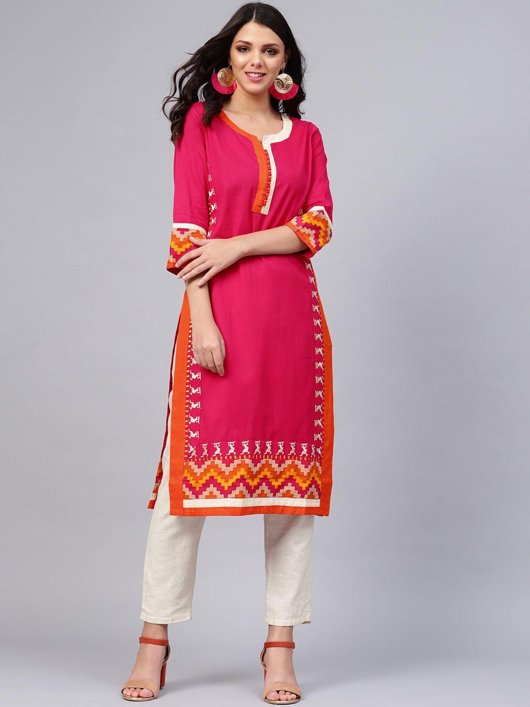 divena women pink embroidered straight kurta