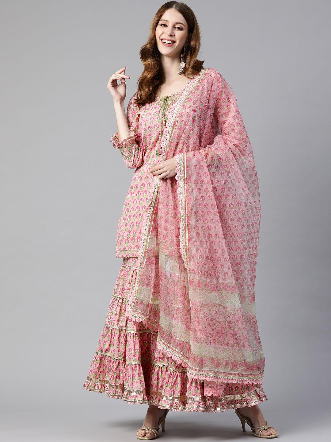 divena women pink ethnic motifs printed gotta patti pure cotton kurta with sharara & with dupatta