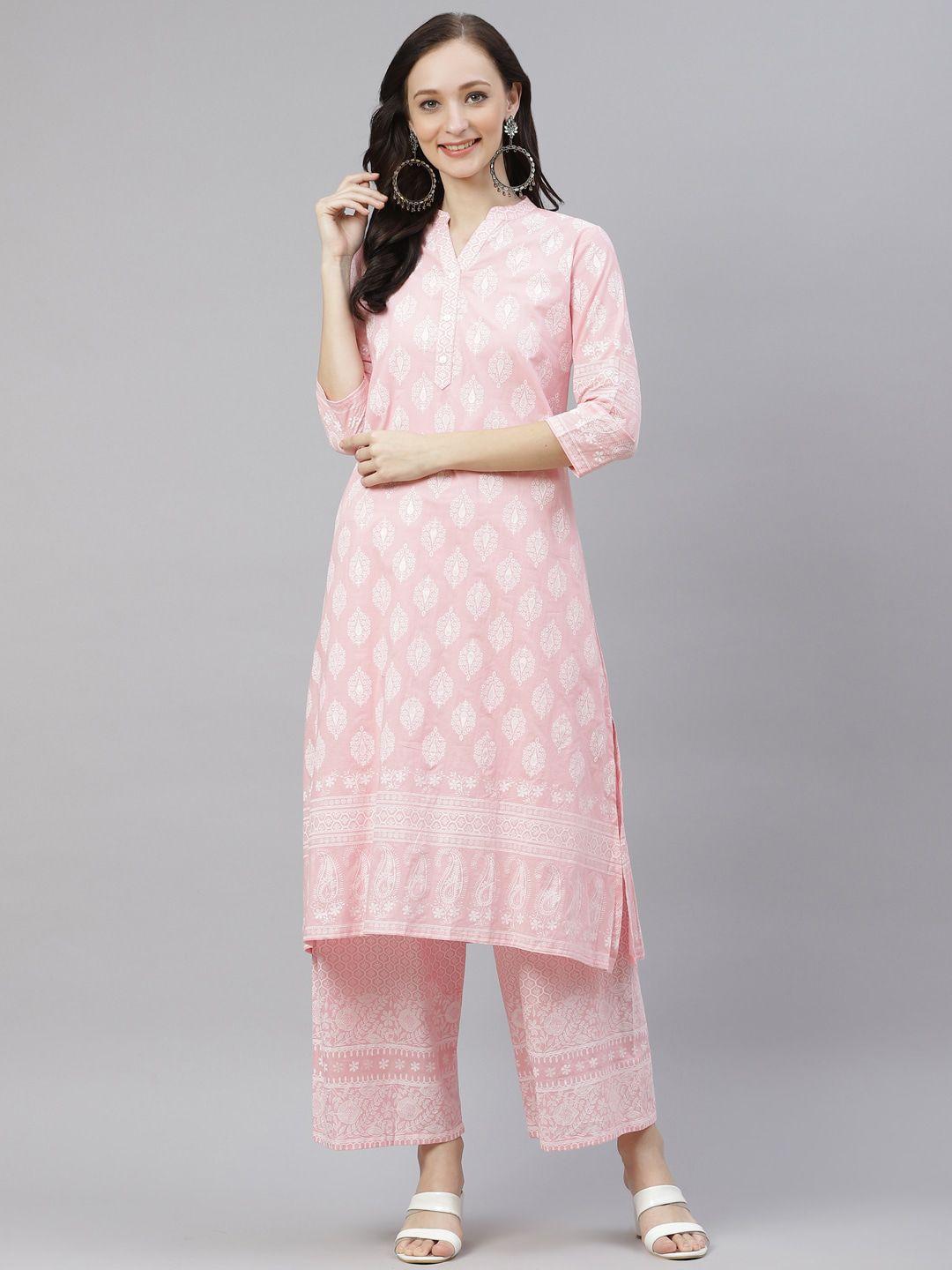 divena women pink ethnic motifs printed pure cotton kurta with palazzo set