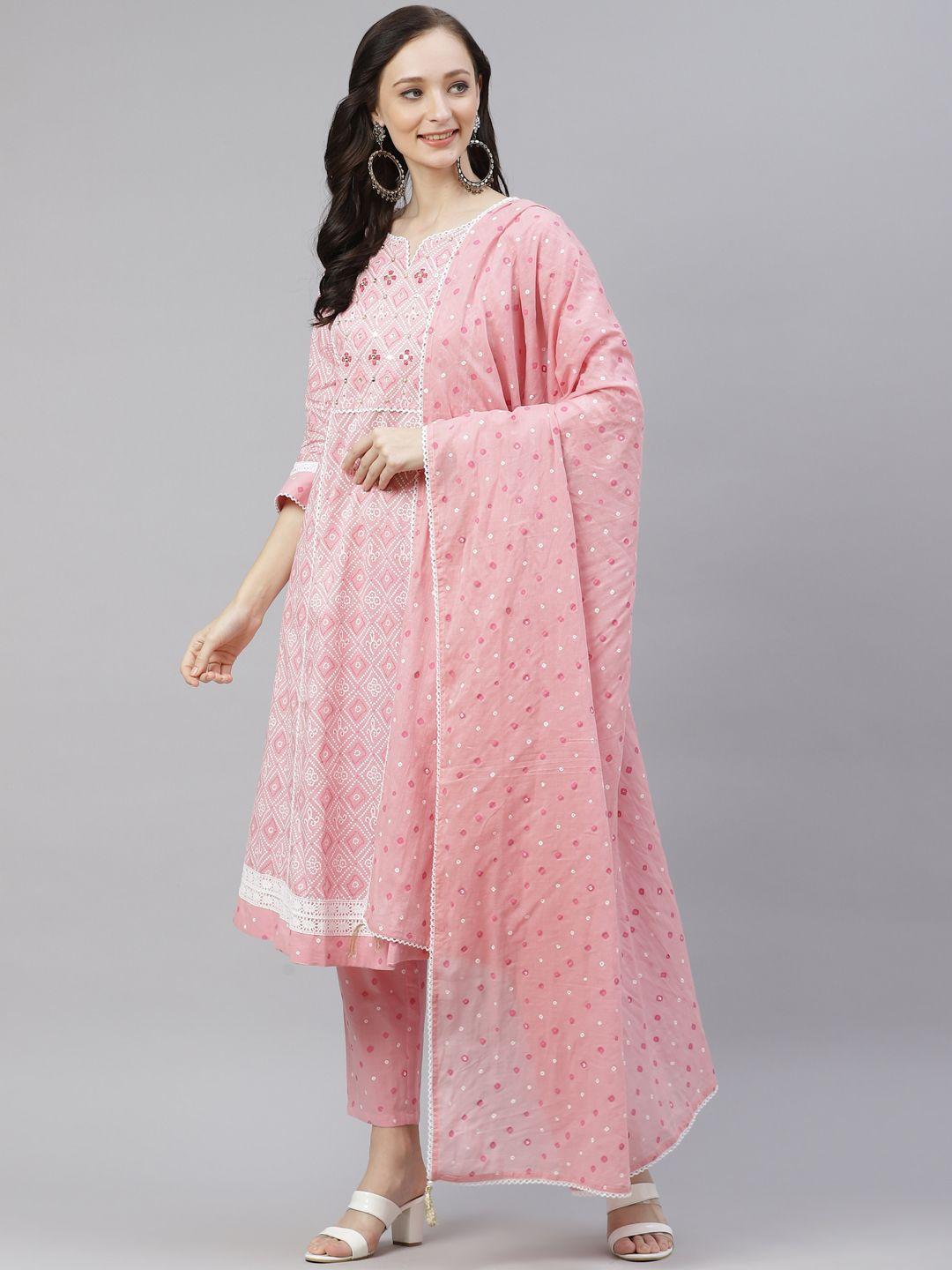divena women pink floral a-line sequinned pure cotton kurta with trousers & with dupatta
