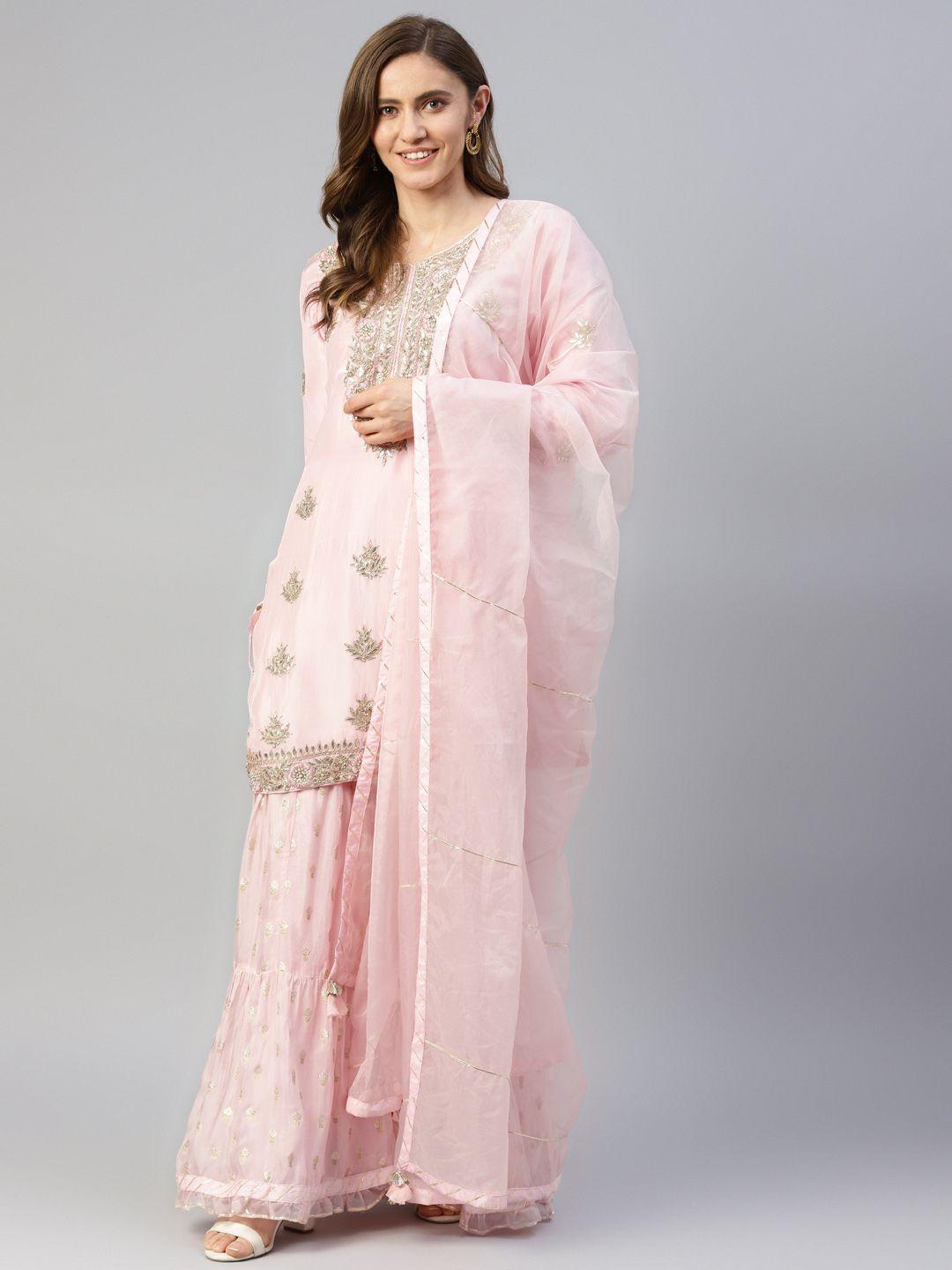 divena women pink floral embroidered zardozi chanderi silk kurta with sharara & dupatta
