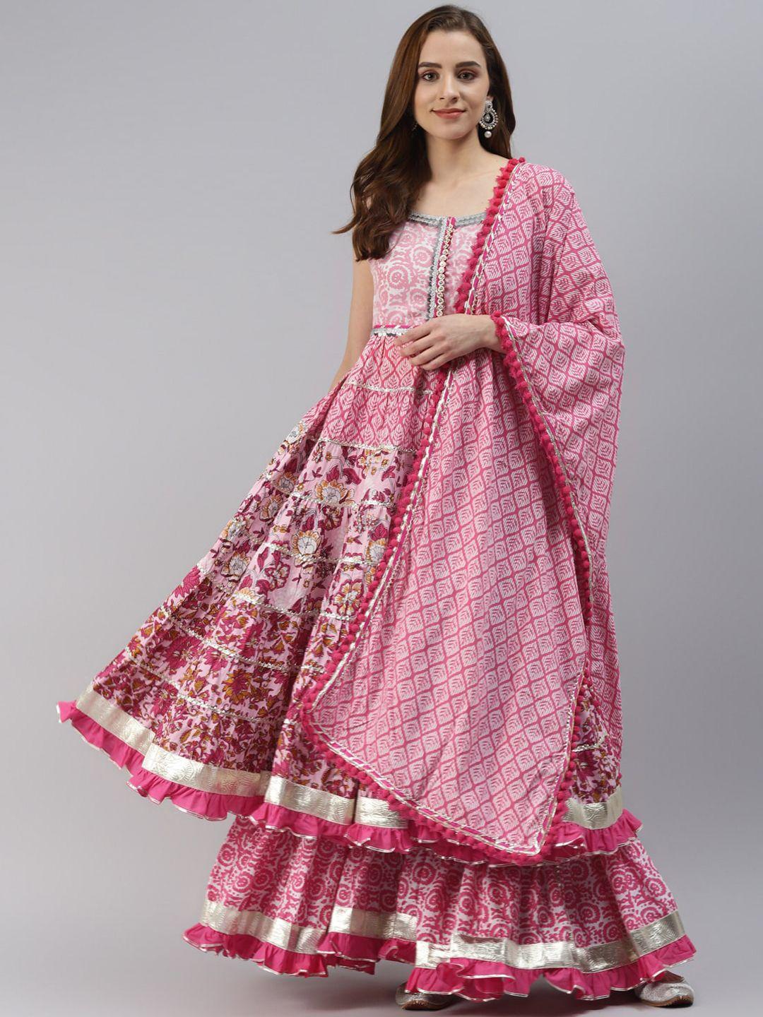 divena women pink floral printed empire gotta patti pure cotton kurta with sharara & with dupatta