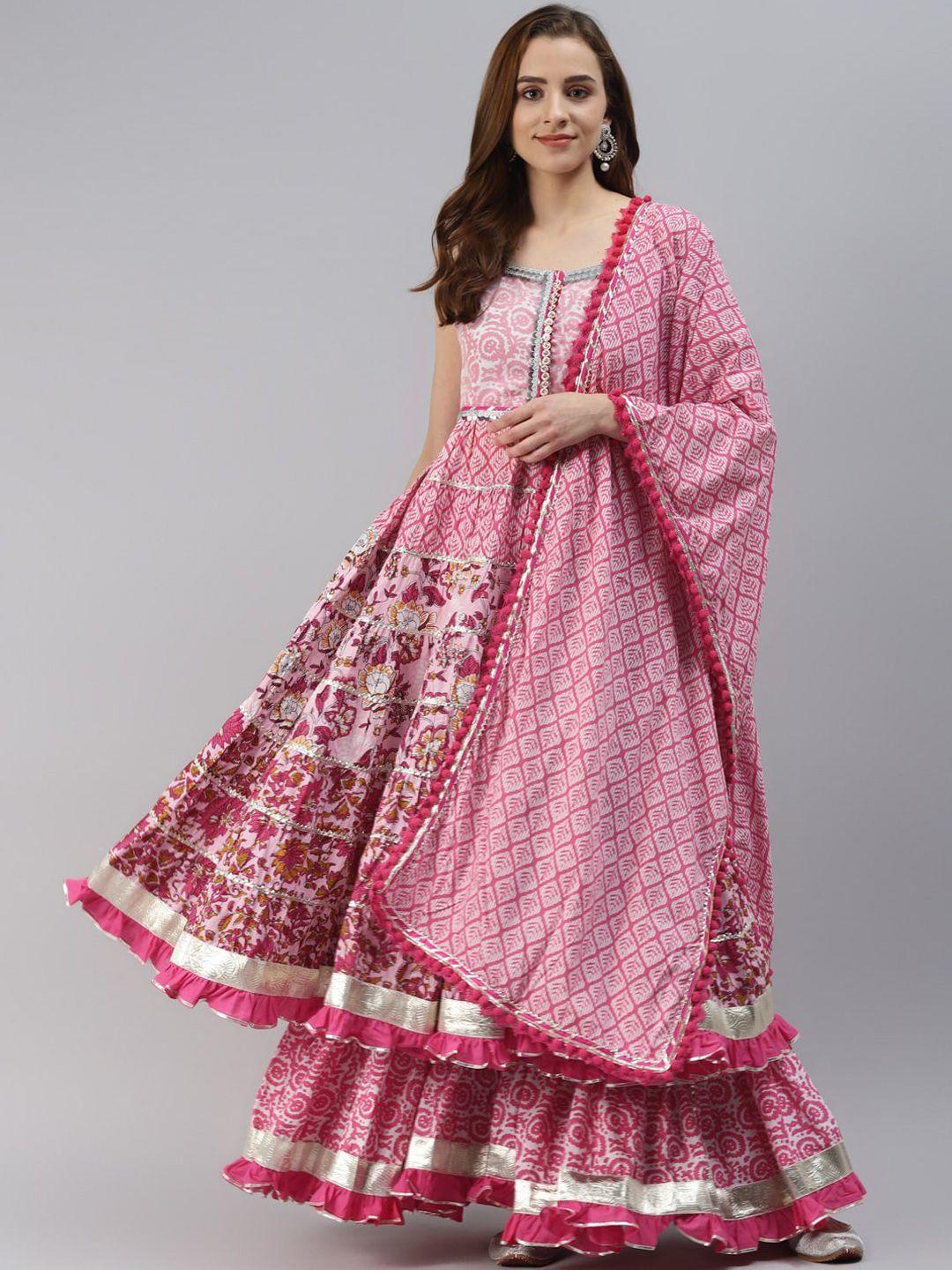 divena women pink floral printed empire pure cotton kurta with sharara & dupatta