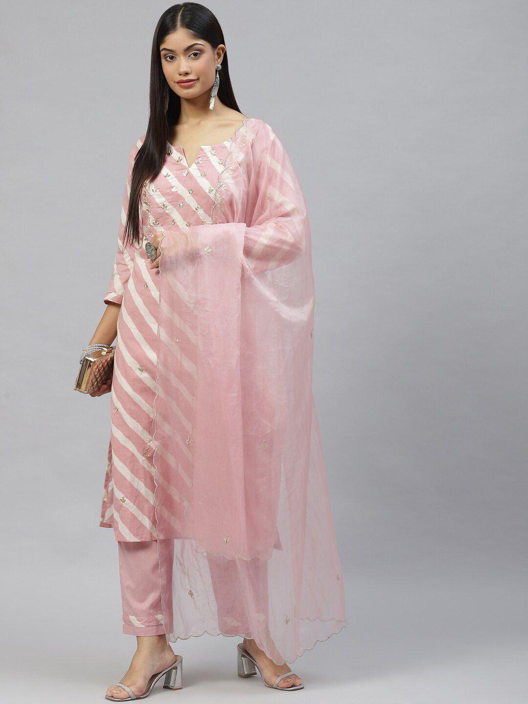 divena women pink leheriya printed gotta patti pure cotton kurta with trousers & with dupatta