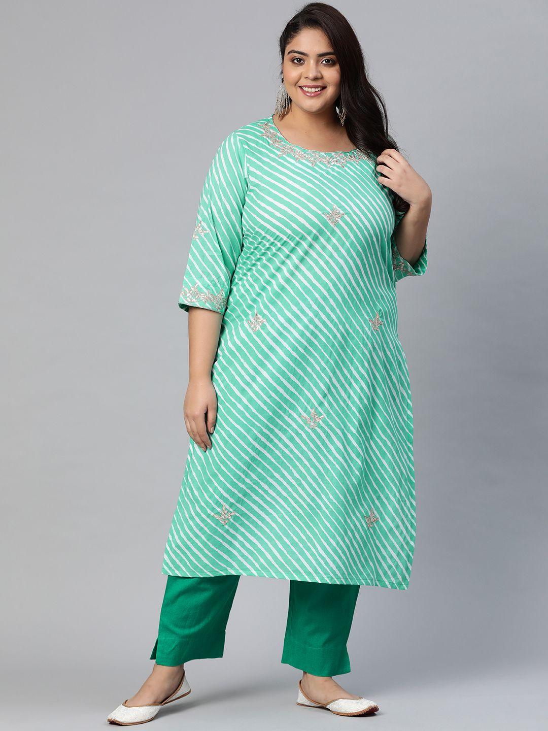 divena women plus size green & white pure cotton leheriya print mirror work kurta