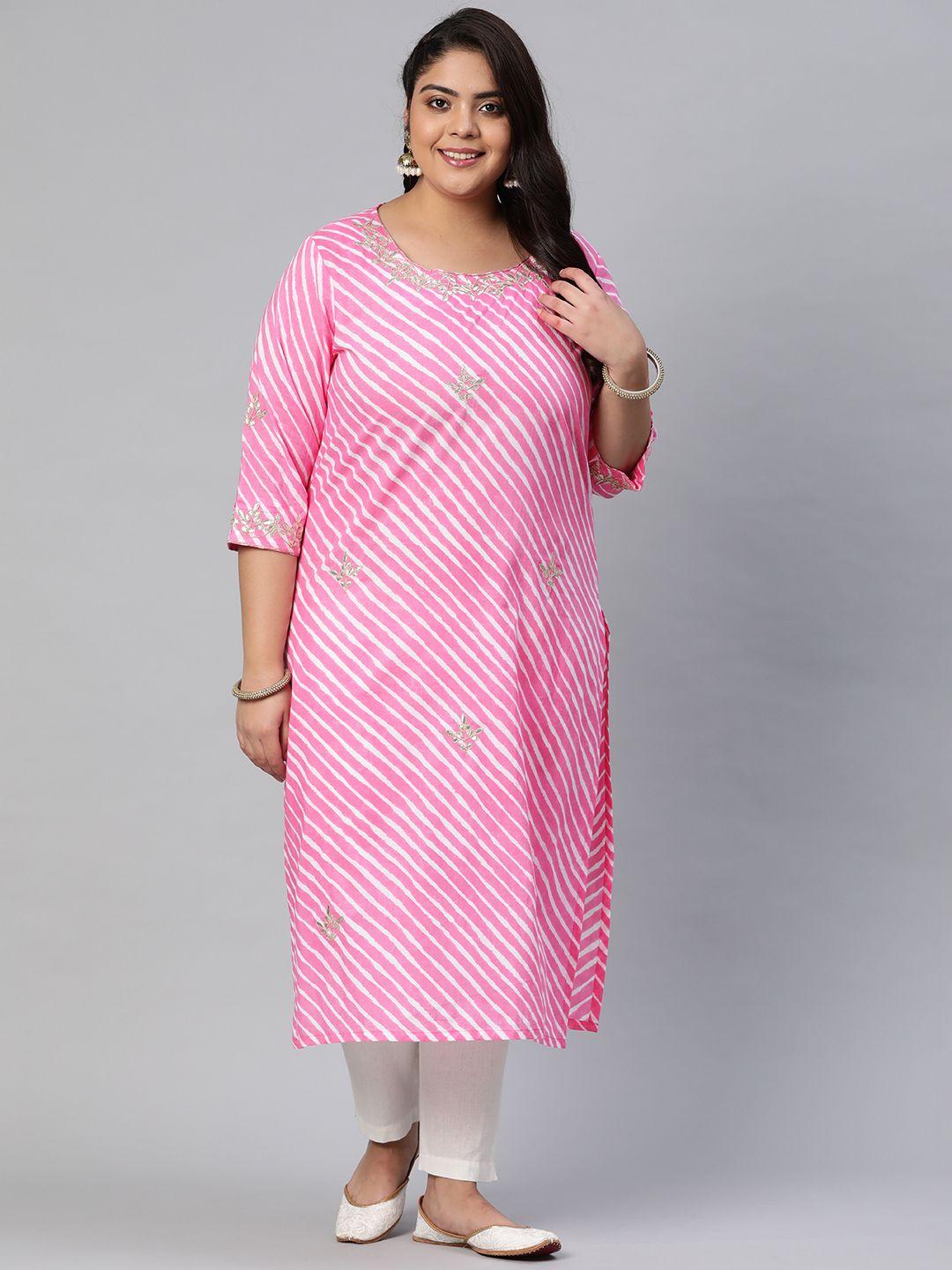 divena women plus size pink & white pure cotton leheriya print mirror work kurta