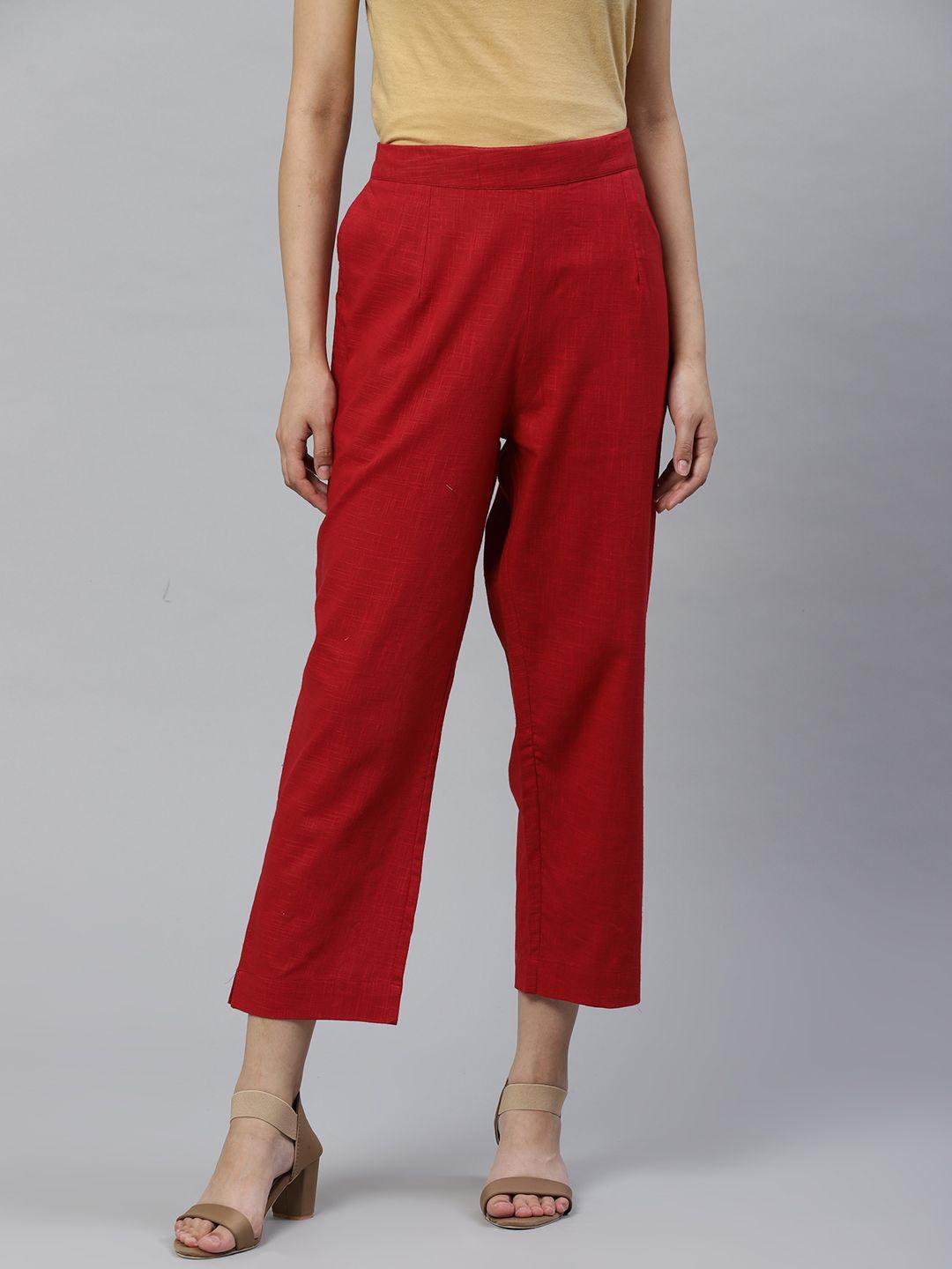 divena women red slim fit solid cropped trousers