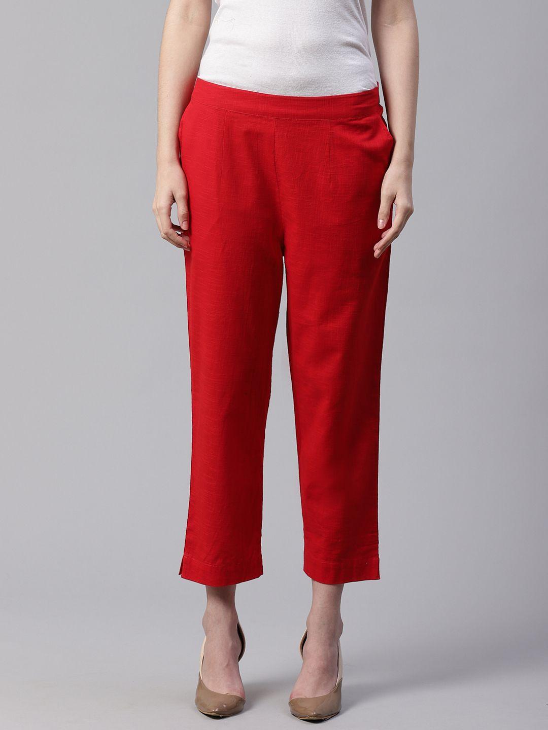 divena women red slim fit solid cropped trousers