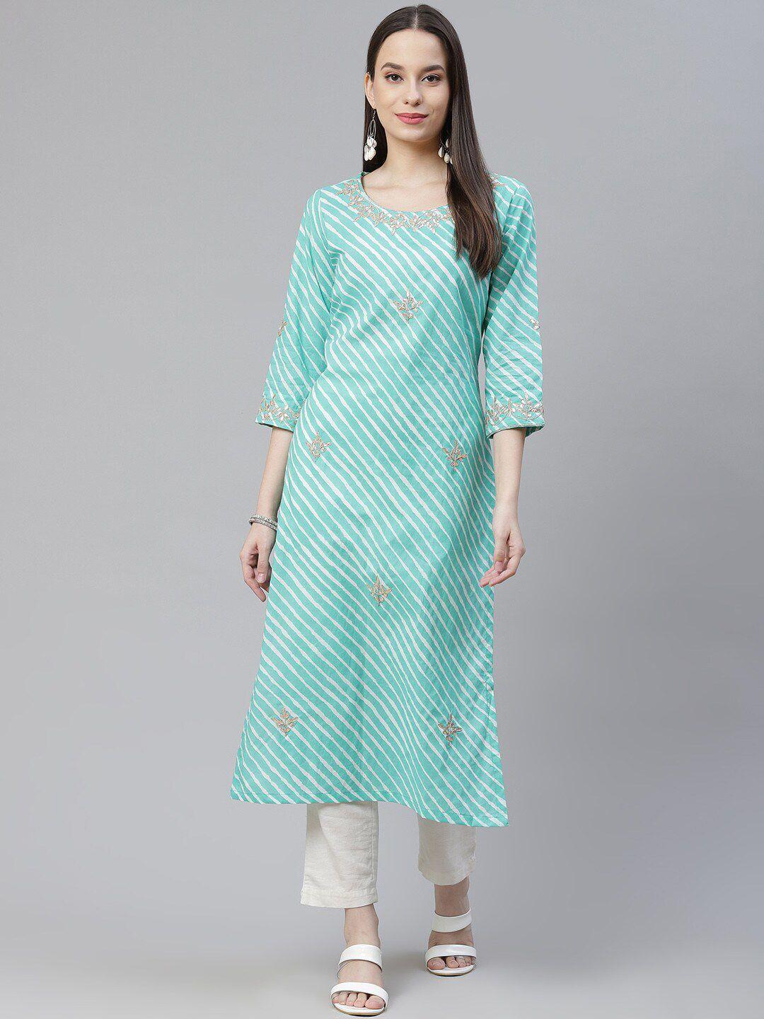 divena women sea green & white leheriya pure cotton kurta