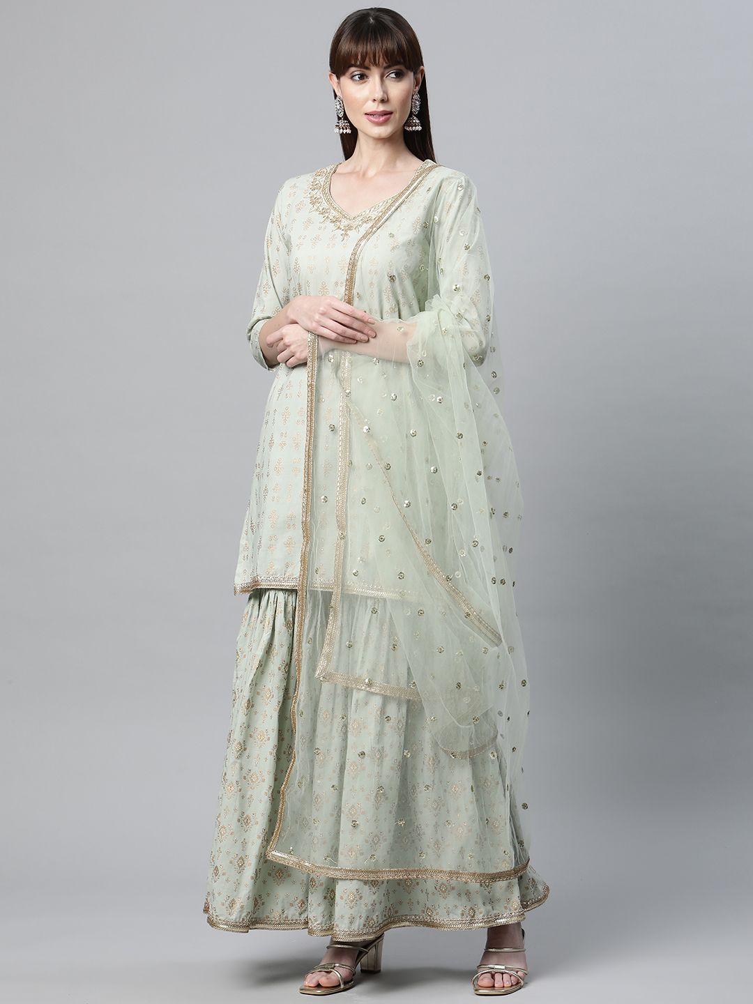 divena women sea green ethnic motifs printed gotta patti pure cotton kurta with sharara & with dupatta