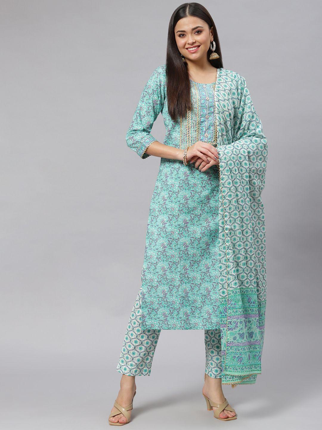 divena women sea green floral printed gotta patti pure cotton kurta with trousers & with dupatta