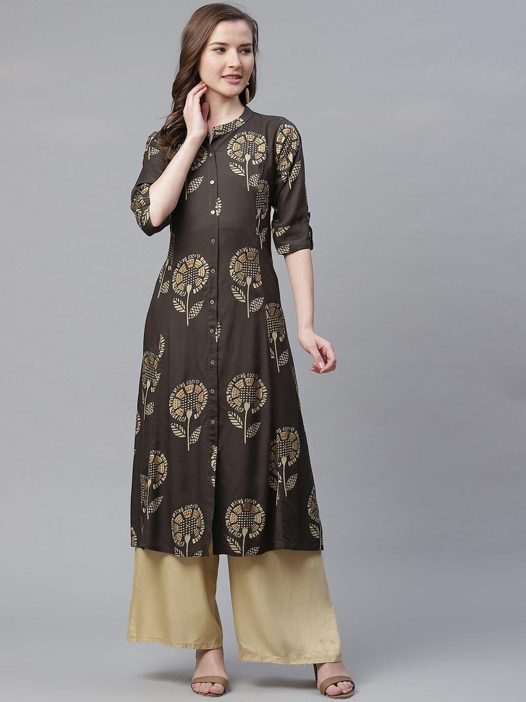 divena women taupe & golden foil print a-line kurta