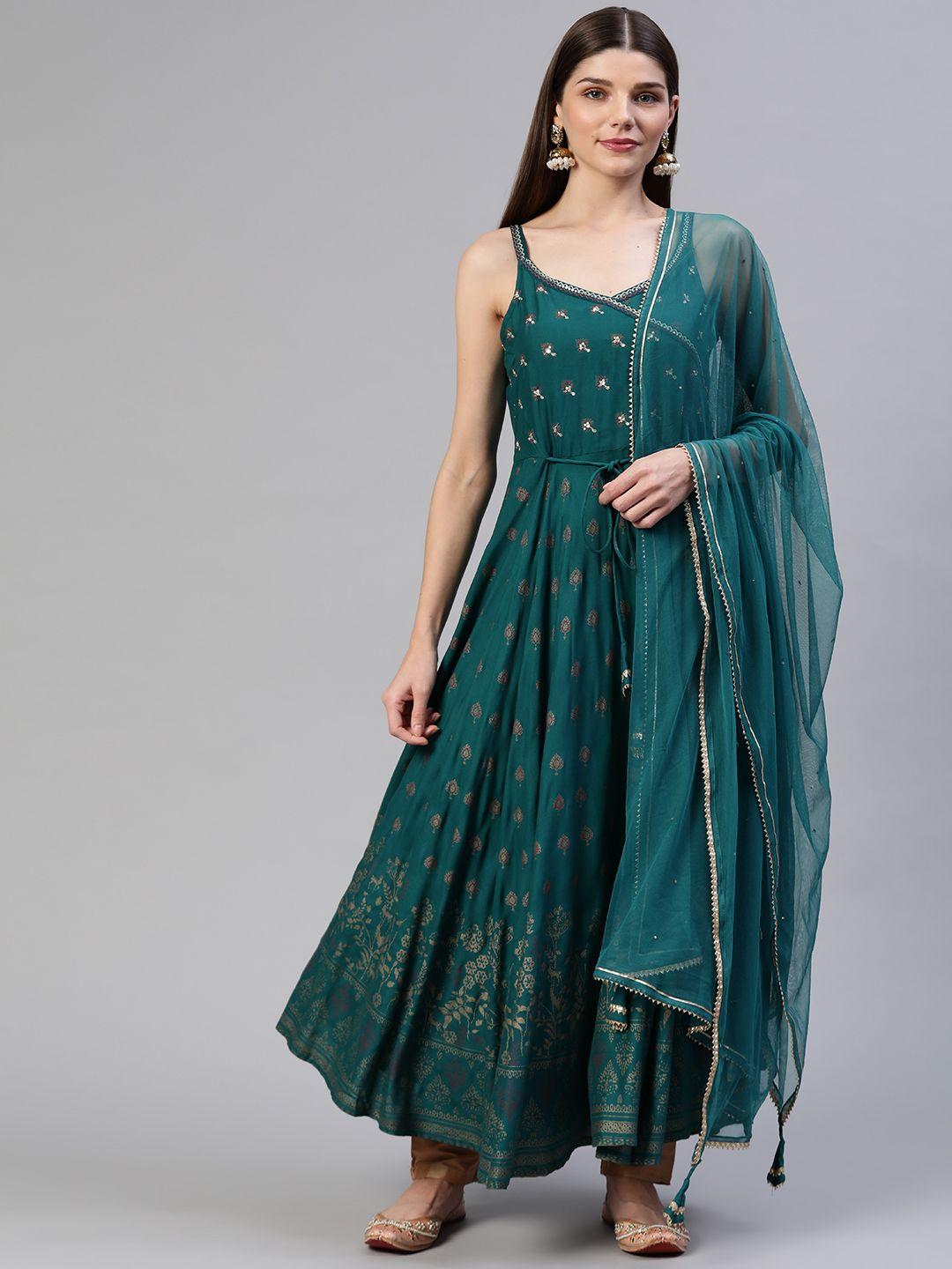 divena women teal green floral printed anarkali kurta