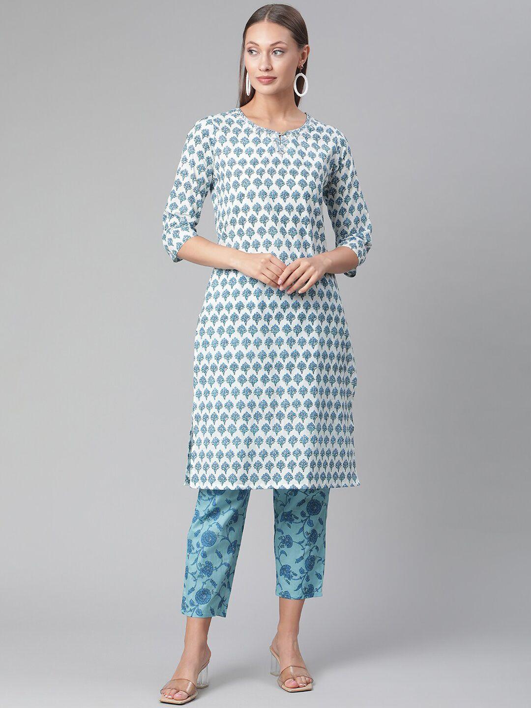 divena women white & blue ethnic motifs printed pure cotton kurta with trousers