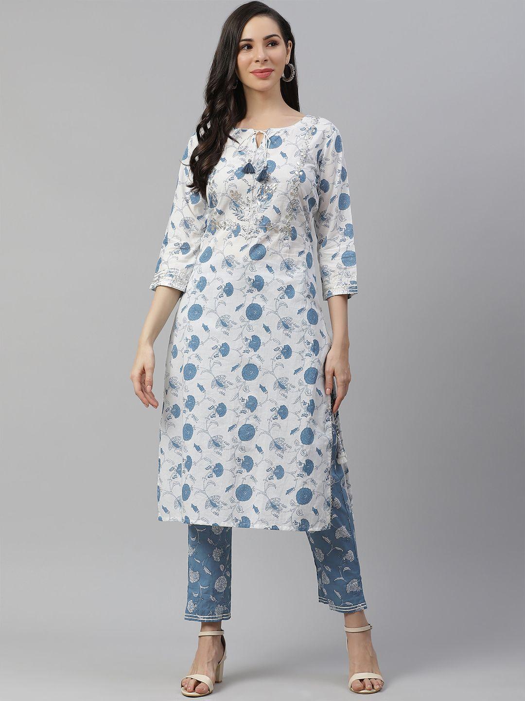 divena women white & blue pure cotton ethnic motifs print sequinned kurta with trousers