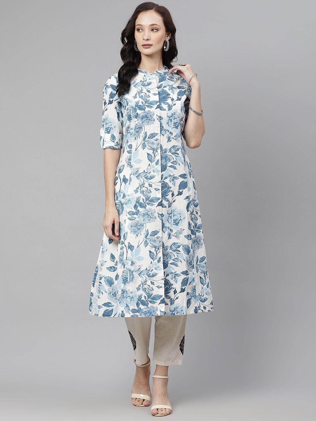 divena women white & blue pure cotton floral printed kurta