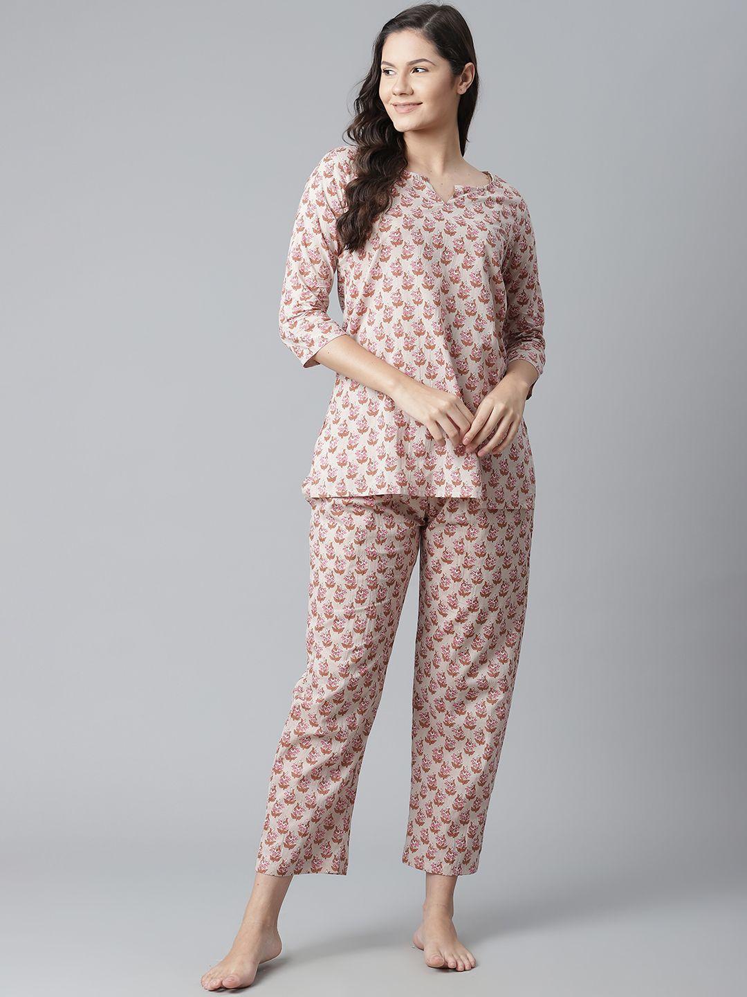 divena women white & pink printed cotton night suit