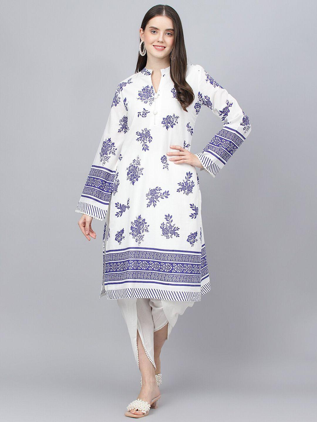 divena women white floral printed pure cotton kurta with dhoti pants