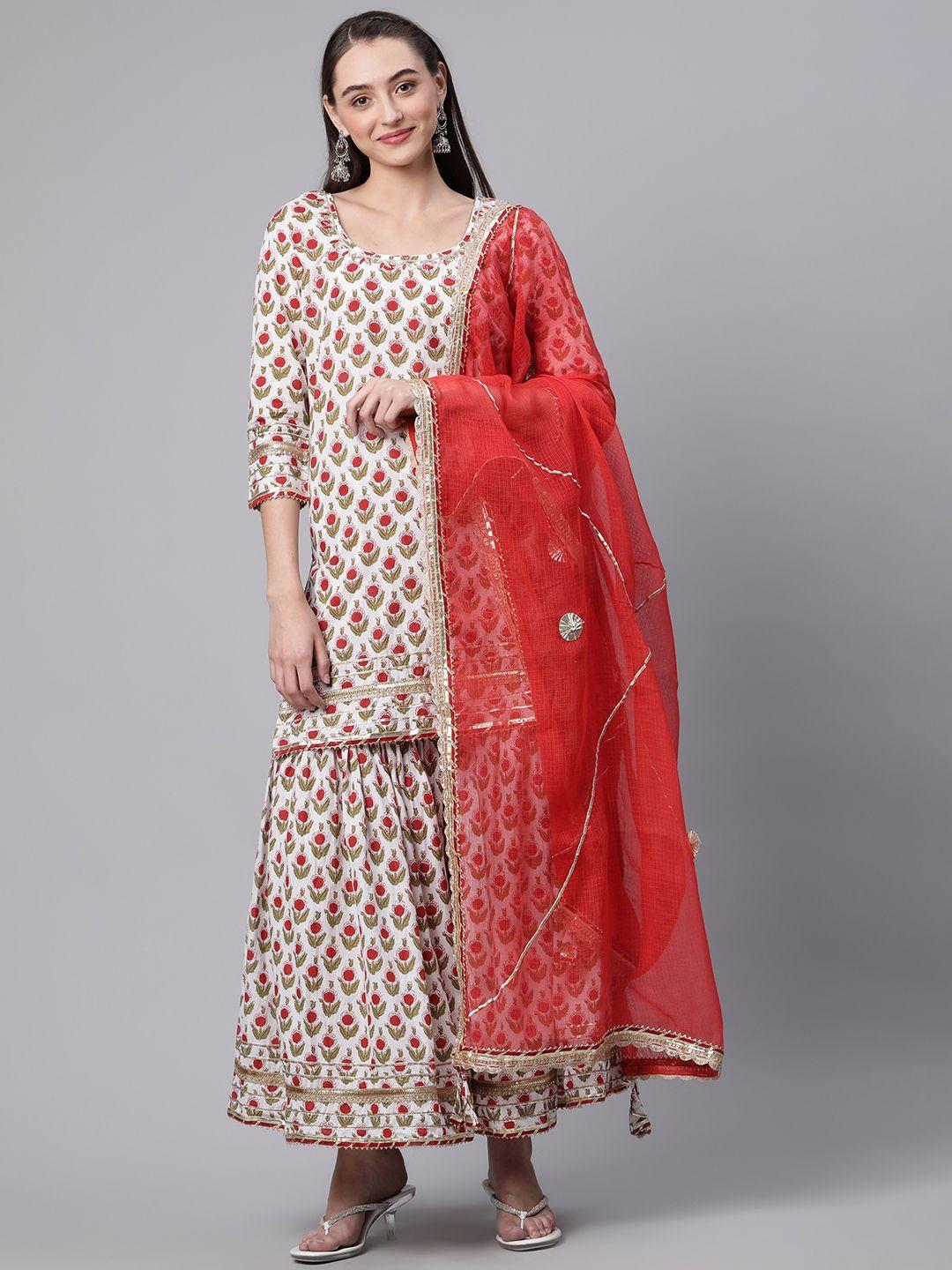 divena women white floral printed pure cotton kurta with sharara & with dupatta