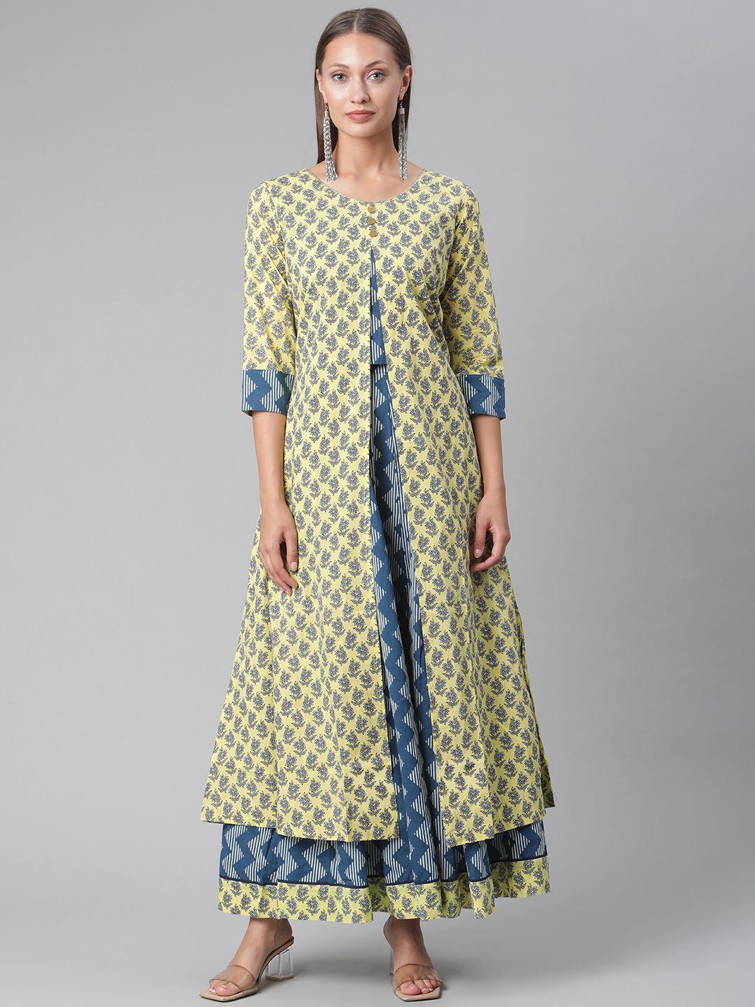 divena women yellow & blue ethnic motifs printed layered pure cotton kurta with skirt