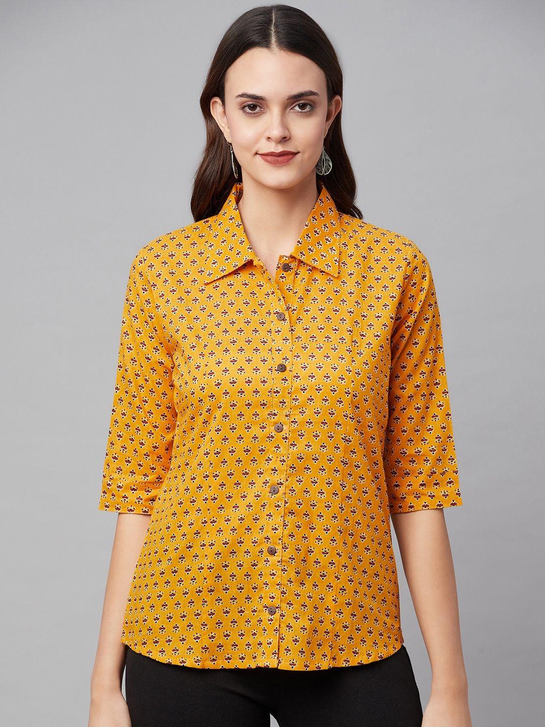 divena women yellow comfort printed casual shirt