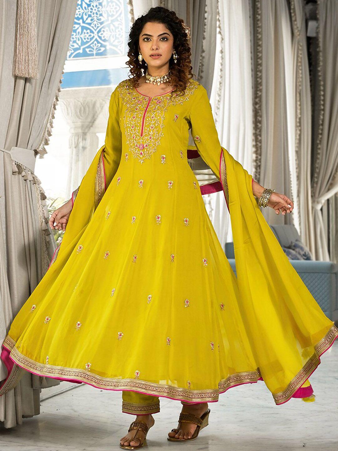 divena women yellow embroidered regular zardozi kurta with trousers & with dupatta