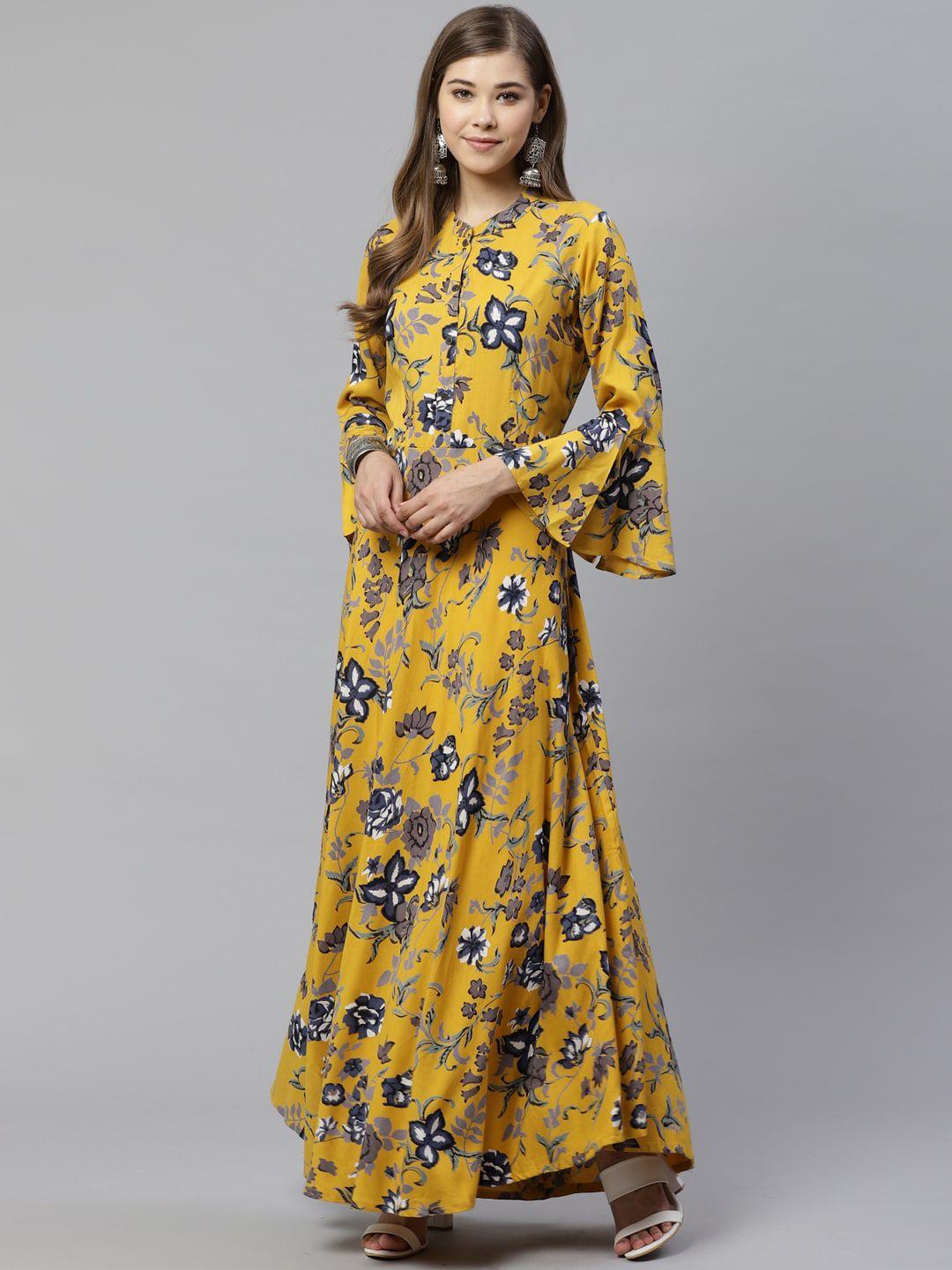 divena women yellow floral printed bell sleeves anarkali kurta