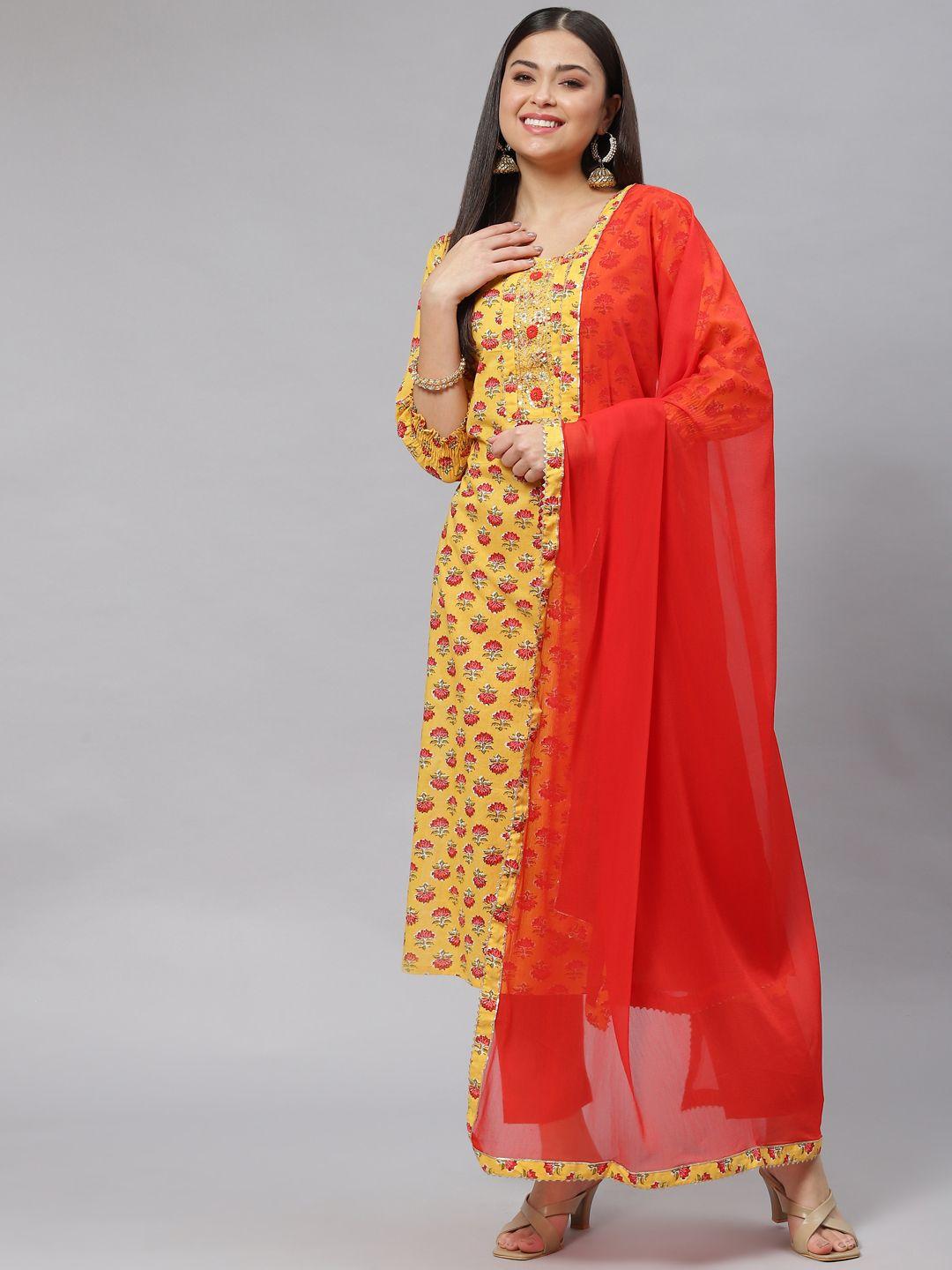 divena women yellow floral printed mirror work pure cotton kurta with trousers & with dupatta