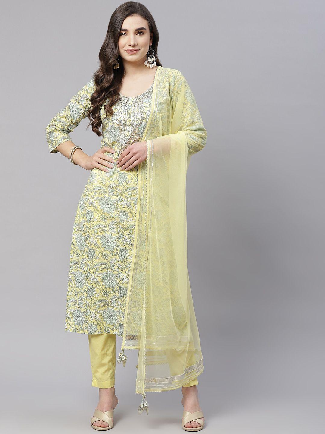 divena women yellow floral printed pure cotton kurta with trousers & with dupatta