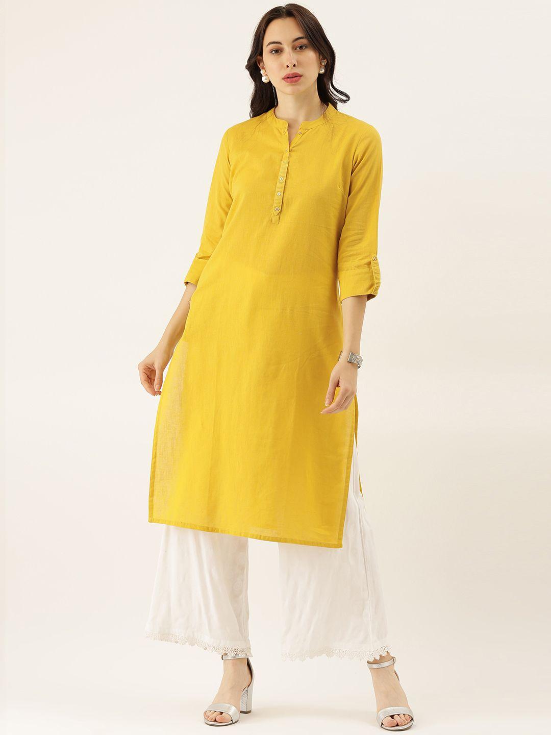 divena women yellow mandarin collar roll-up sleeve kurta