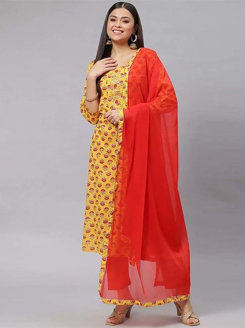 divena yellow & red cotton printed kurta pant set with dupatta