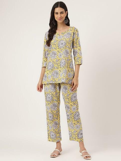 divena yellow cotton floral print tunic pant set