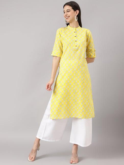 divena yellow cotton printed straight kurta