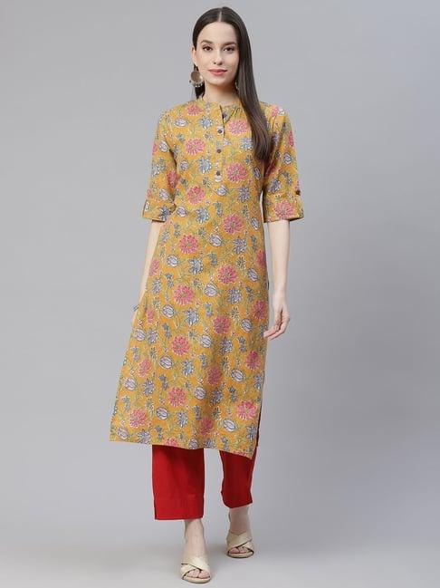 divena yellow cotton printed straight kurta