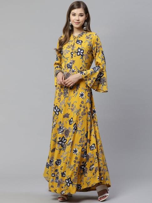 divena yellow floral print anarkali kurta