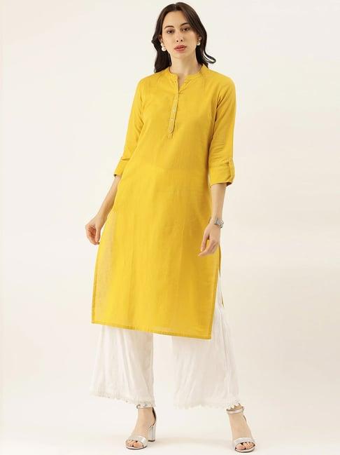 divena yellow m&arin collar straight kurta