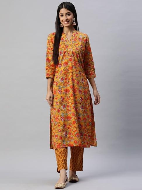 divena yellow pure cotton floral print kurta pant set