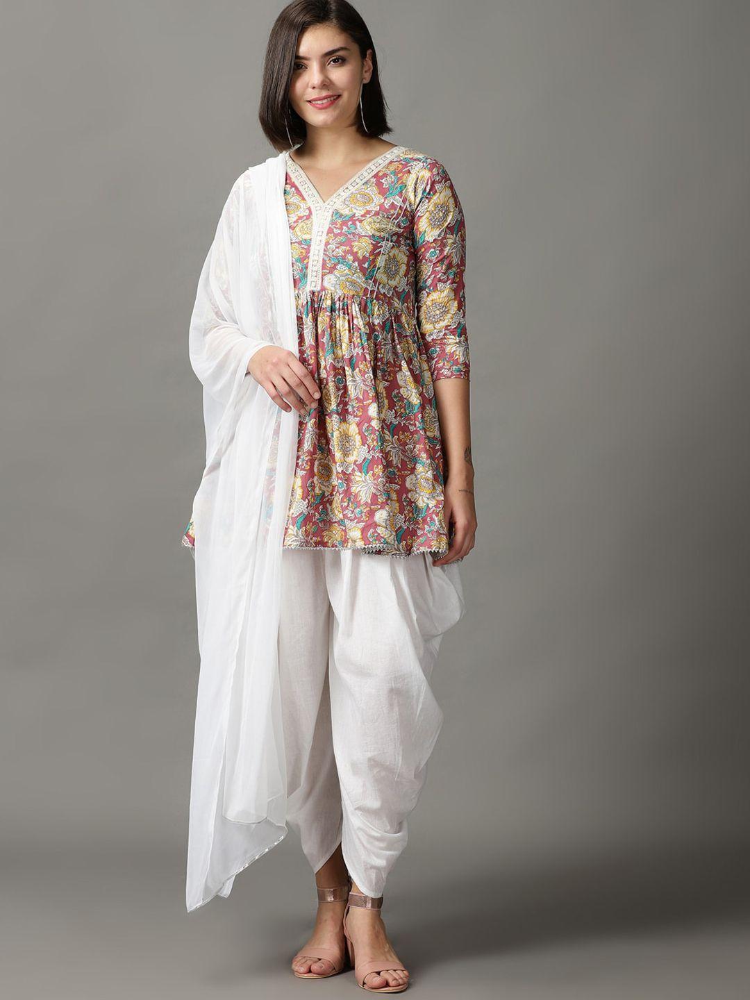 divination floral printed pure cotton kurta with dhoti pants & with dupatta