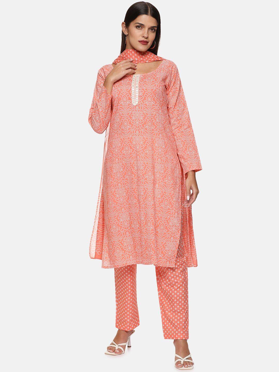 divination women bandhani printed round neck pure cotton kurta with trousers & dupatta