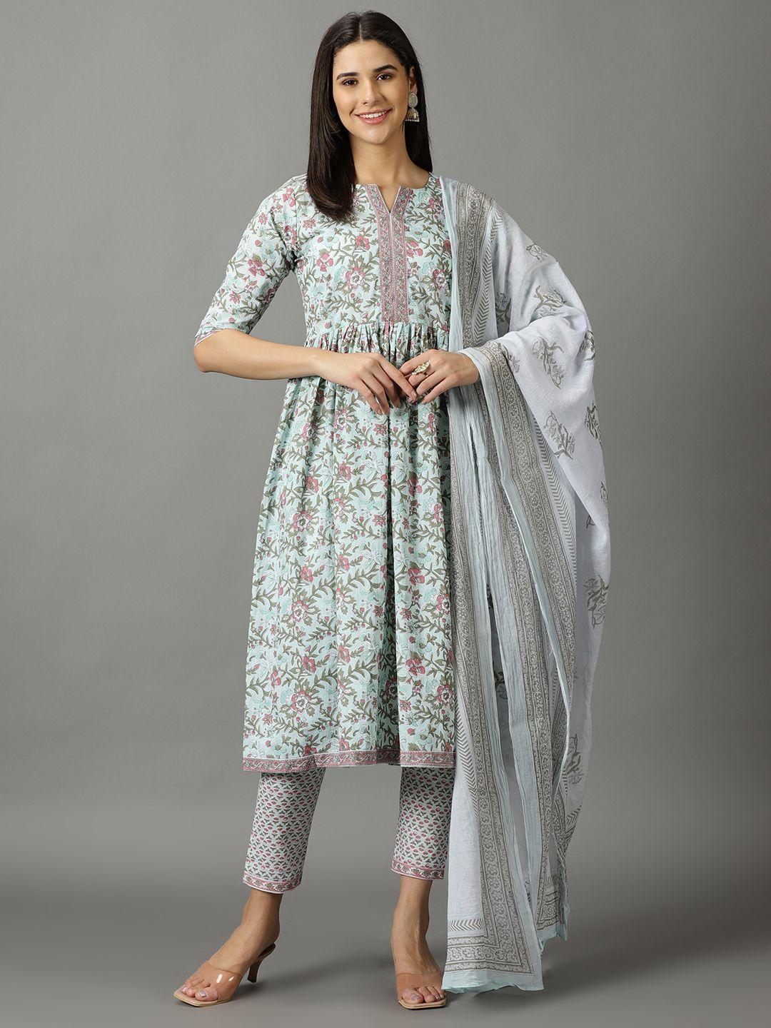 divination women multicoloured floral printed pure cotton kurta with palazzos & with dupatta