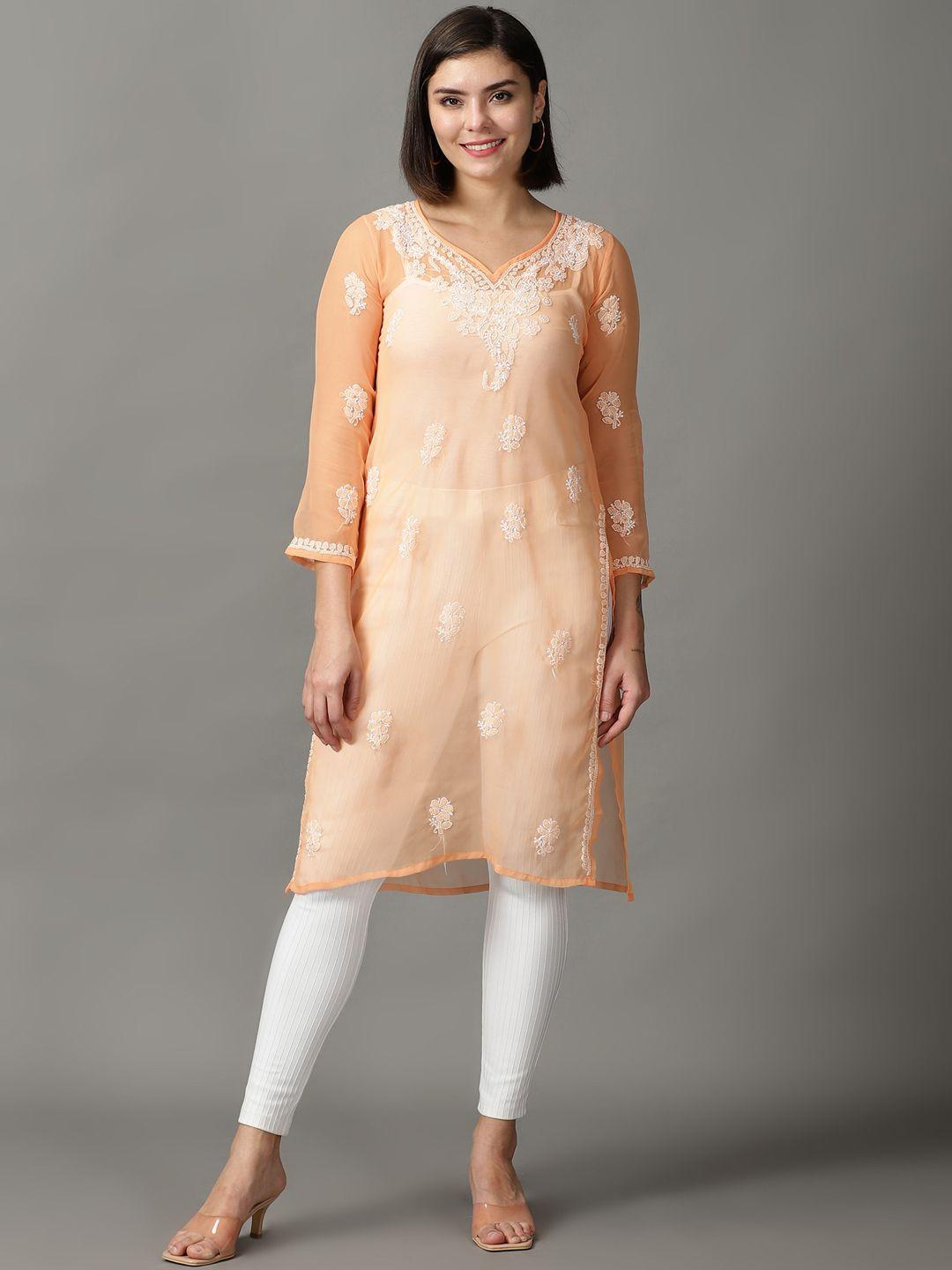 divination women orange ethnic motifs embroidered flared sleeves thread work georgette kurta
