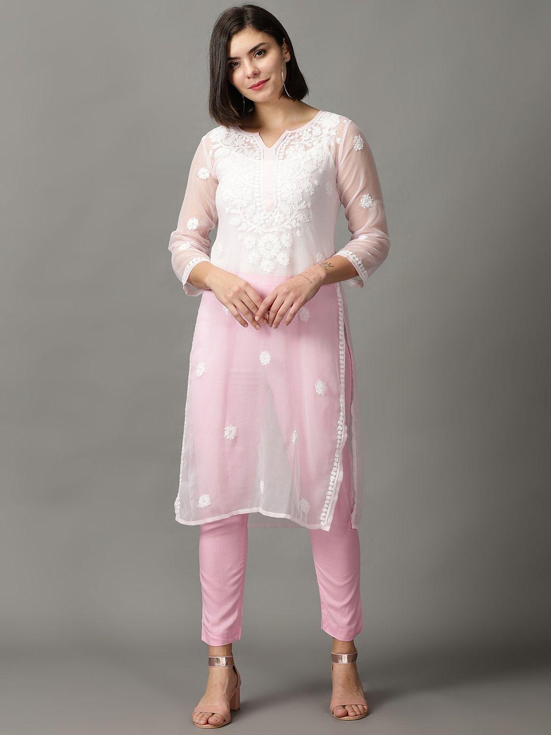divination women pink ethnic motifs embroidered kurta with trousers