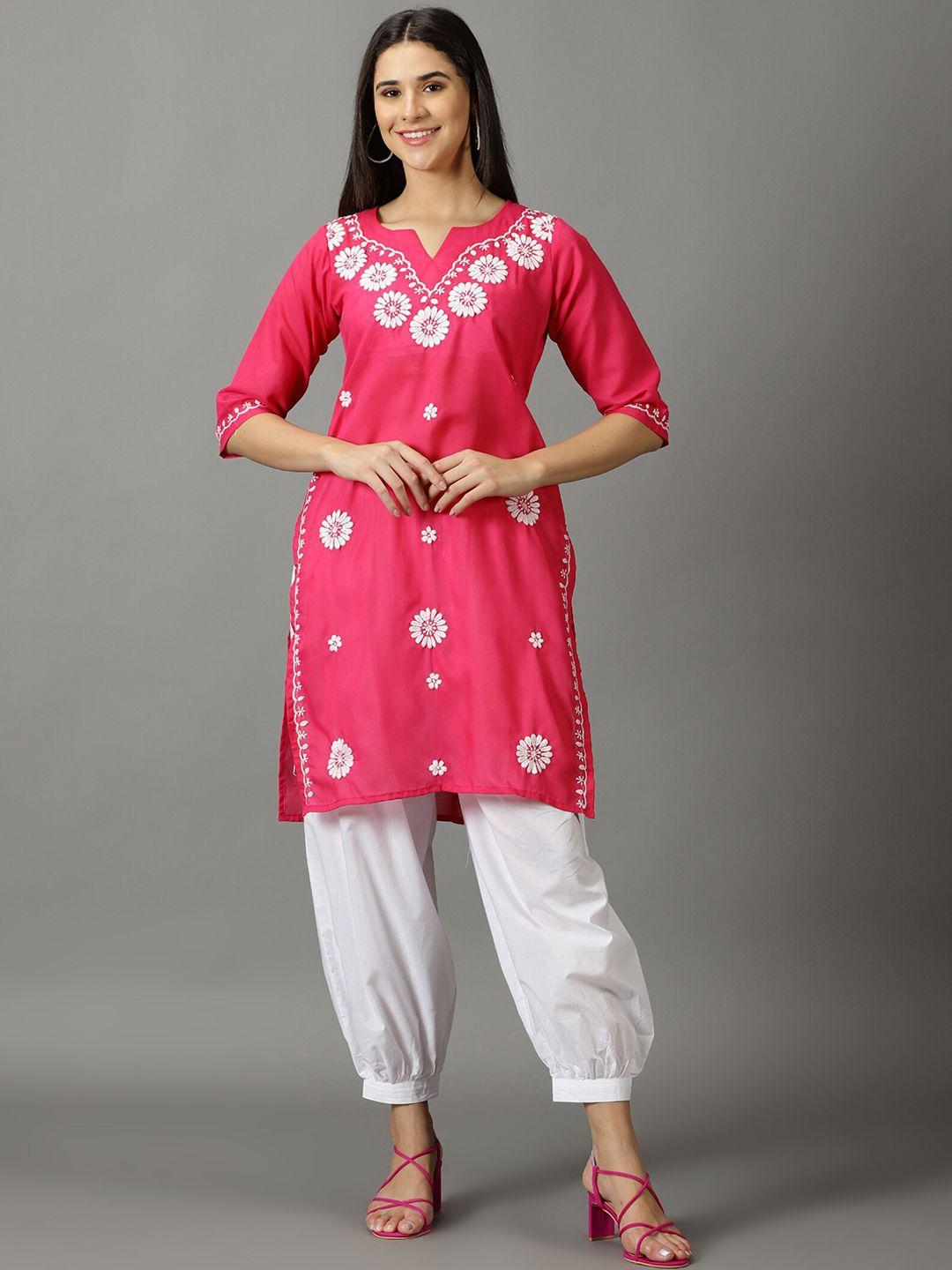 divination women pink floral embroidered regular thread work kurta with salwar
