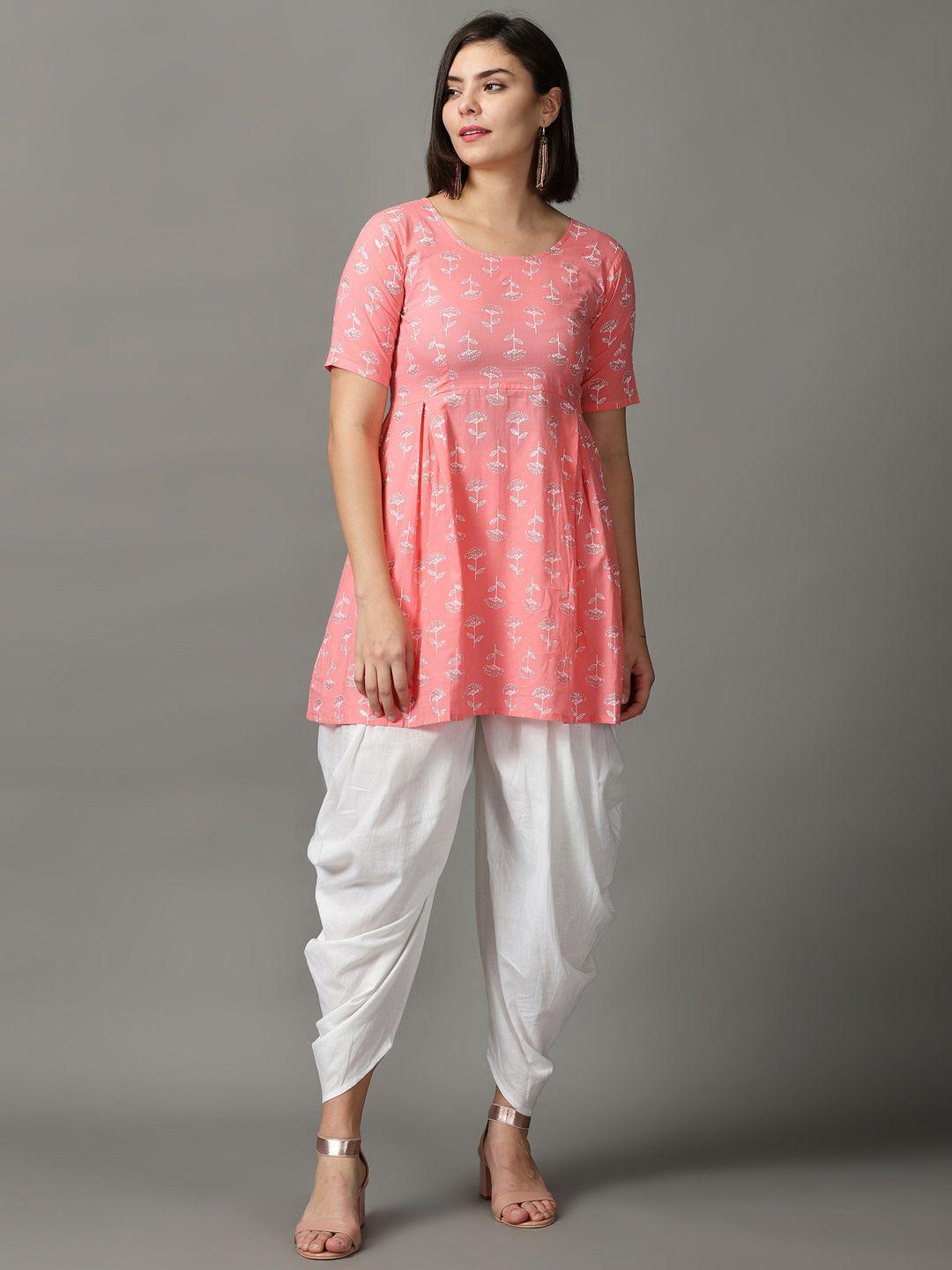 divination women pink floral printed pure cotton kurti with dhoti pants
