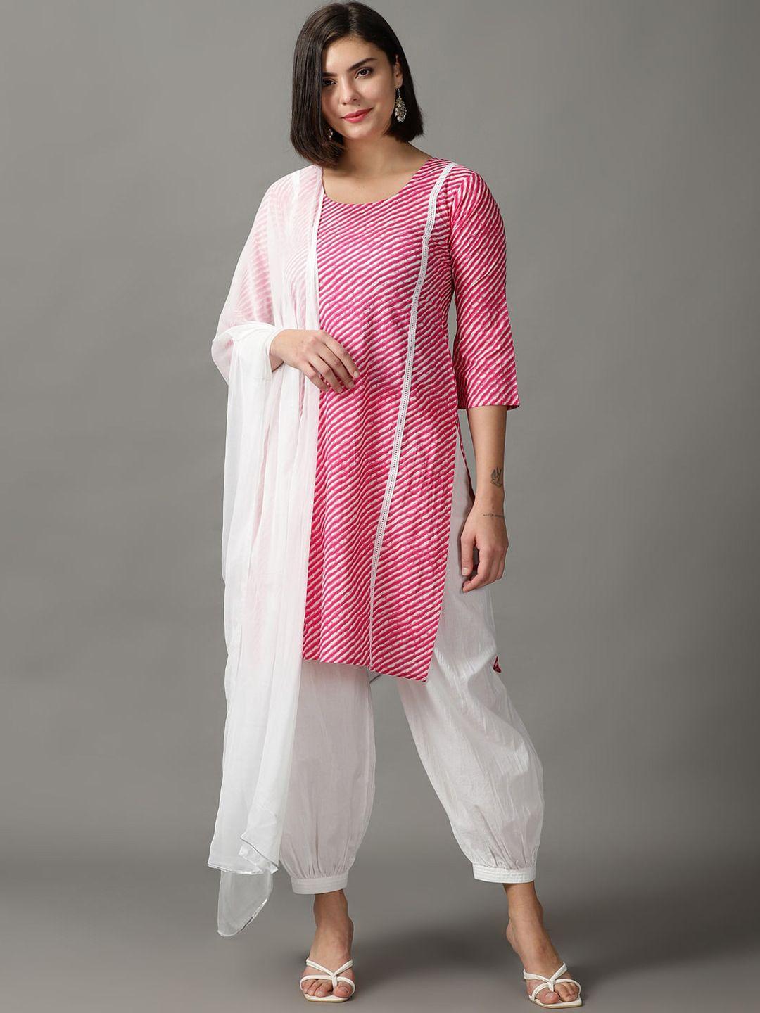 divination women pink leheriya printed pure cotton kurta with trousers & with dupatta